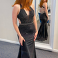 Plunging V-Neck Backless Long Black Prom Dress with Beads Y1789