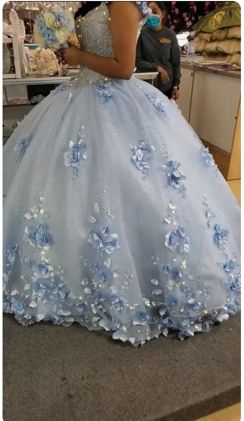 Light Blue Long Dress Cute 3D Applique Off Shoulder Ball Gown Princess Dress Y260