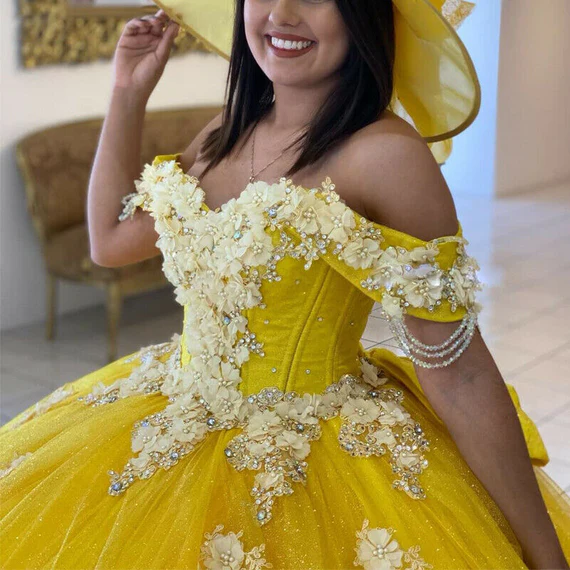 Yellow Ball Gown Quinceanera Dresses Off Shoulder Lace up Back Sweep Train Appliques Beads Y656