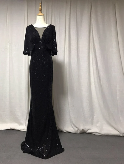 Mermaid Short Sleeves Sexy V Neck Evening Dress, Elegant Glitter Bat Sleeves Formal Party Dress Y1390