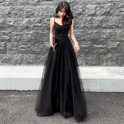 Black tulle beads long prom dress, black evening dress Y1134