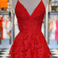 Elegant V Neck A-Line Red Appliqued Long Prom Dress Y761