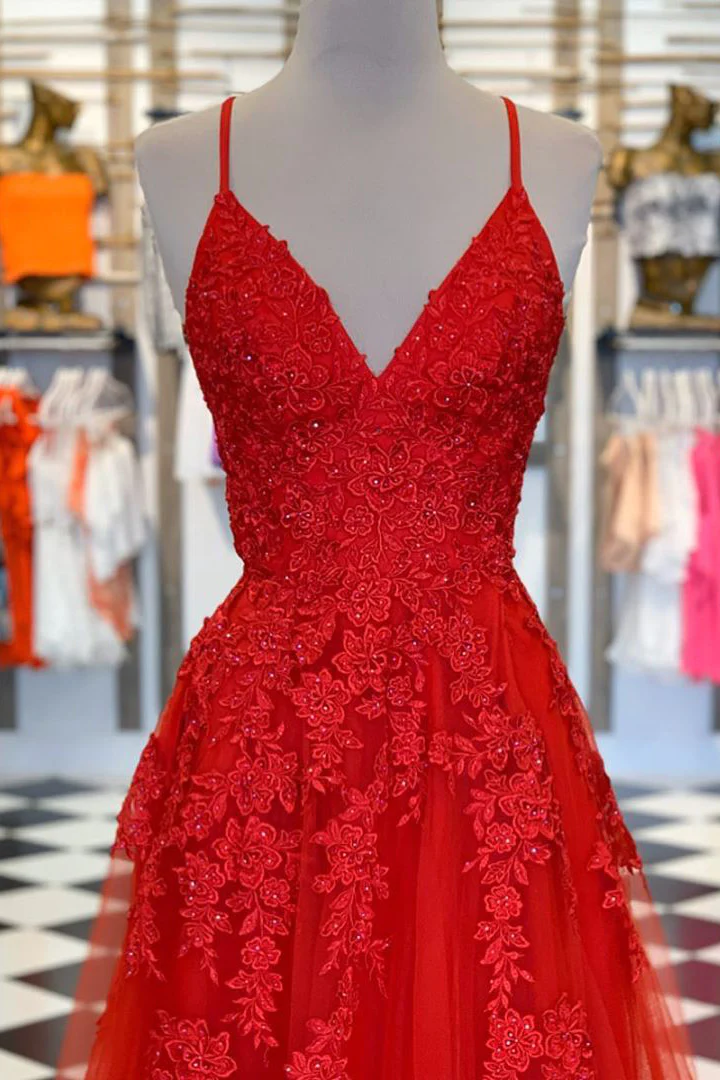 Elegant V Neck A-Line Red Appliqued Long Prom Dress Y761