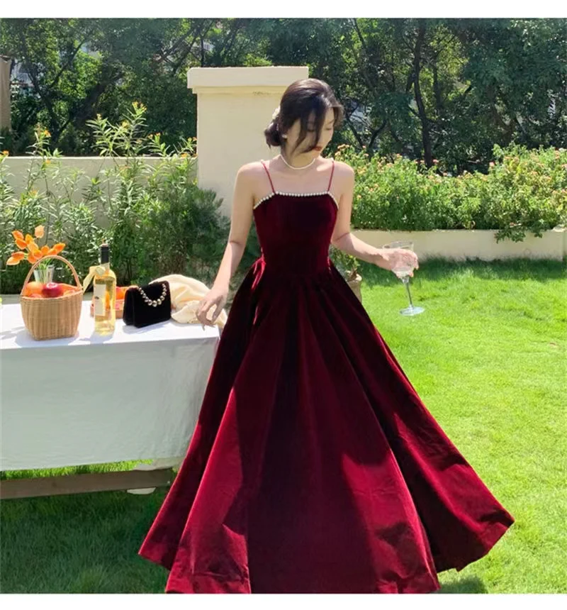 Spaghetti Straps Burgundy Velvet Prom Dress Simple Prom Dress
