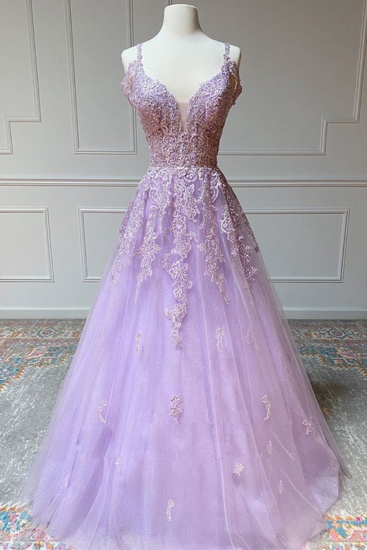 Purple v neck tulle lace long prom dress purple lace formal dress Y1801