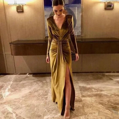 Sexy V-Neck Long Sleeve Split Velvet Prom Dress Y1724