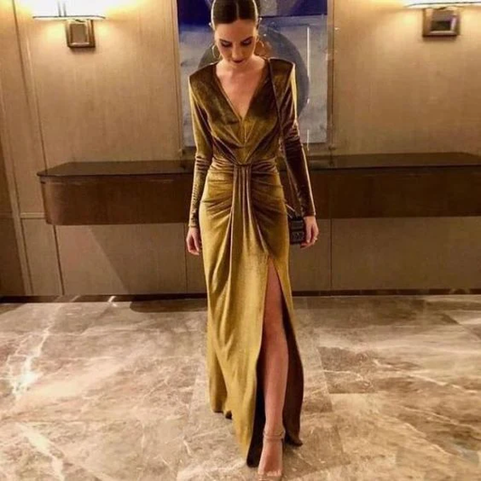 Sexy V-Neck Long Sleeve Split Velvet Prom Dress Y1724