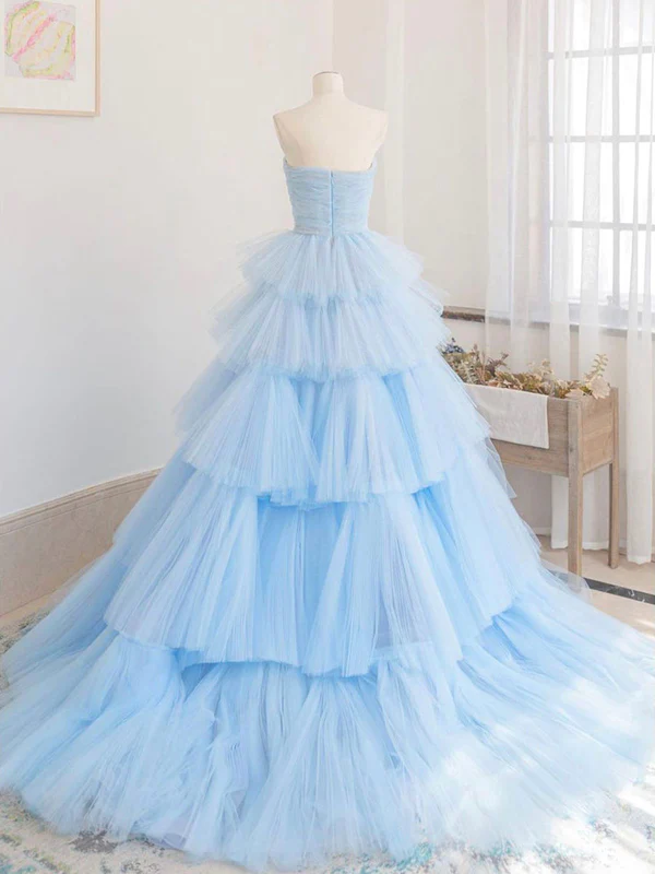 Winter Blue Tulle Long Prom Dress, Blue Layered Tulle Evening Dress Y393