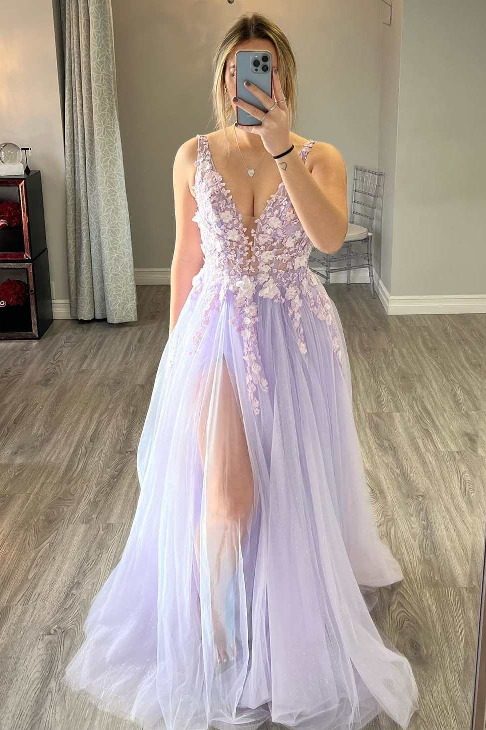 Lilac Tulle 3D Floral Lace A-Line Prom Dress with Slit Y1697 Simplepromdress Lilac Tulle 3D Floral Lace A-Line Prom Dress with Slit Y1697 Simplepromdress
