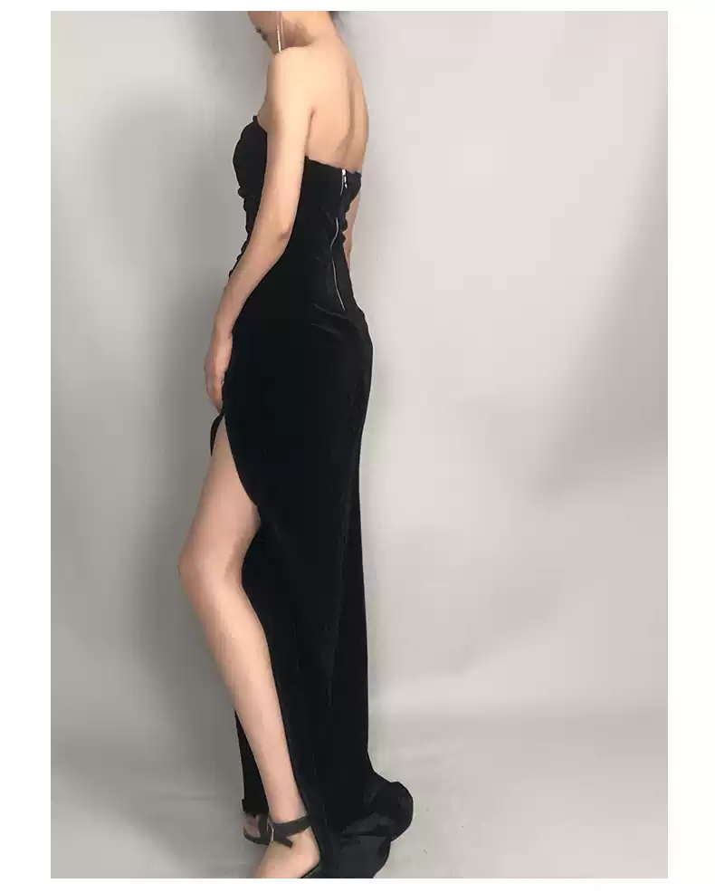 Elegant Strapless Black Velvet Prom Dress With Slit,Gala Dress Y1412