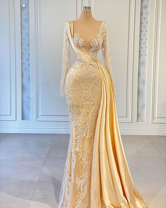 Elegant Hot Yellow Applique Long Sleeves Wedding Dresses Women Formal Pageant Dress Y899