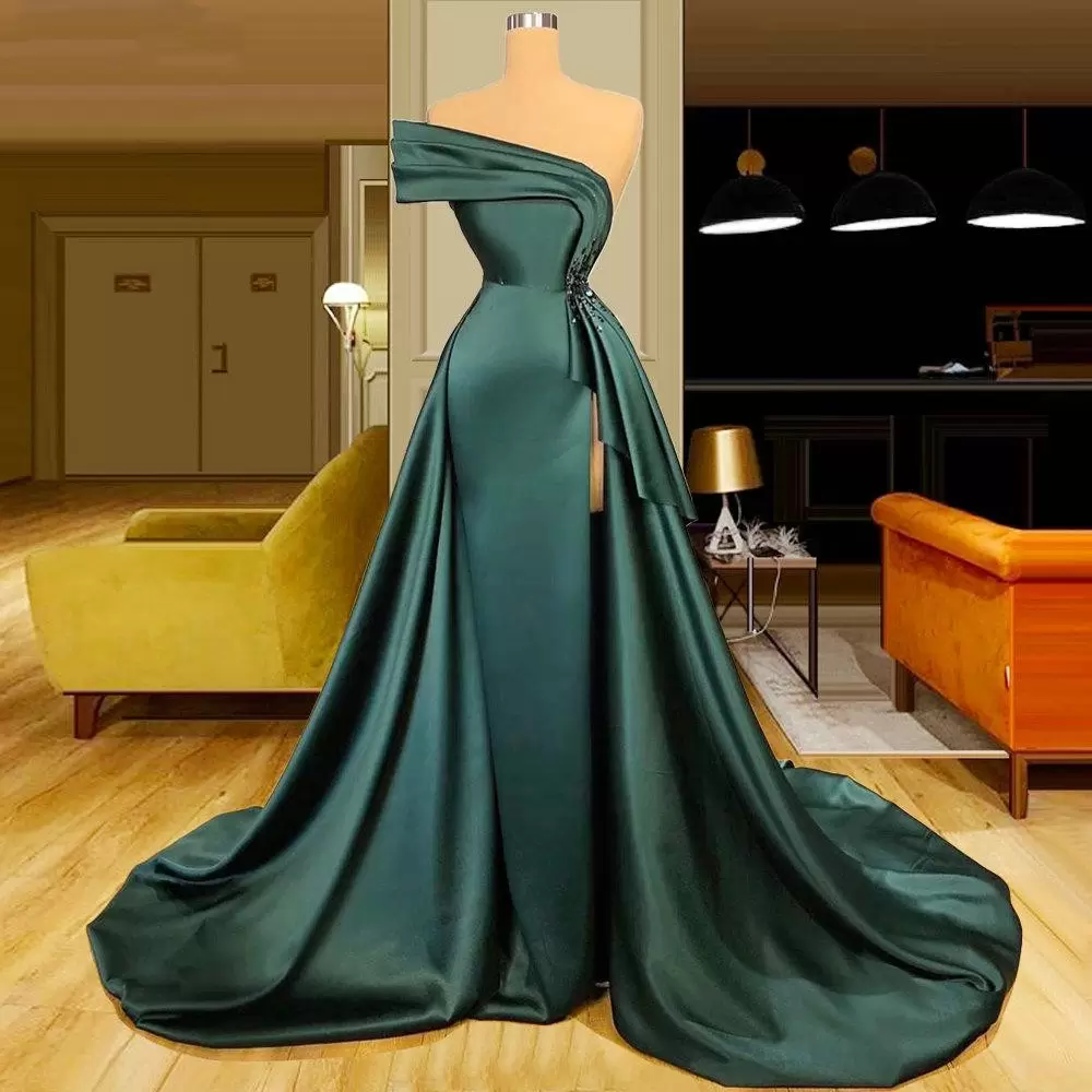New Long Satin Evening Dresses Wear Elegant Ruched Crystal Beads Split One Shoulder Evening Gowns Formal Women Prom Dresses S23314