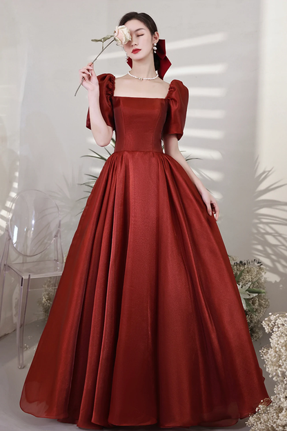 Burgundy Satin Long Prom Dresses, A-Line Short Sleeve Evening Dresses Y1170