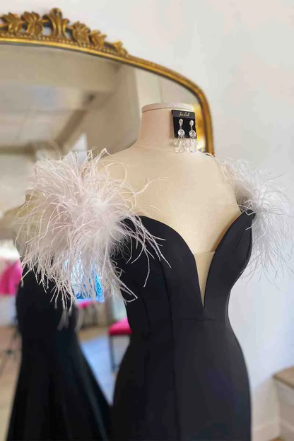 Long Black High Slit Prom Dress with White Feather Y872