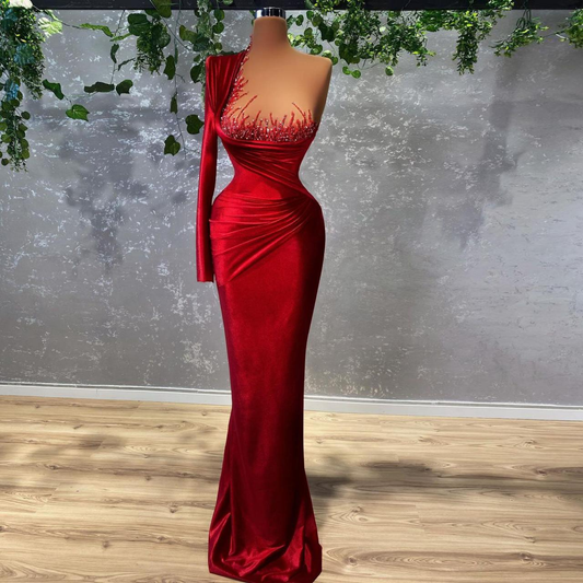 Modern Velvet One Shoulder Beaded Red Carpet Dresses Evening Gowns Women Mermaid Prom Dress Y1907