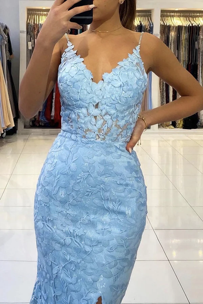 Mermaid V Neck Backless Blue Lace Long Prom Dress, Mermaid Blue Lace Formal Dress, Blue Lace Evening Dress Y1465