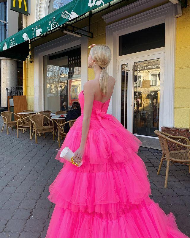 Princess A Line High Low Strapless Pink Long Prom/Evening Dress Ruffles Y76