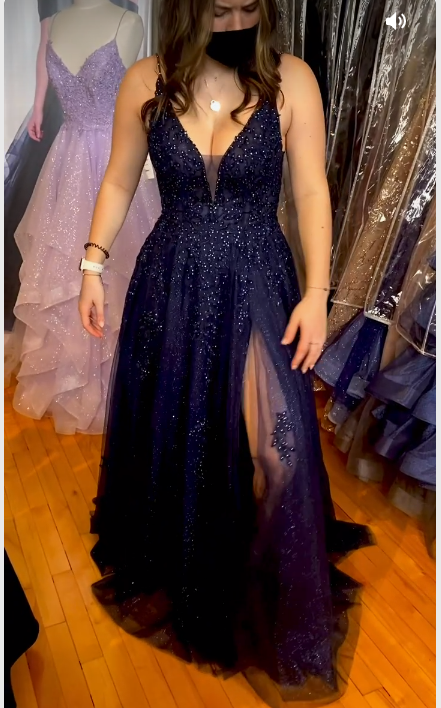 Sparkly A-line V Neck Navy Blue Prom Dress,Charming Graduation Dress Y1164
