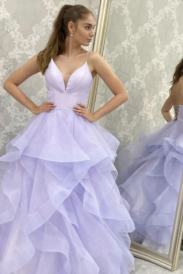 V Neck Backless Fluffy Lilac Long Prom Dress, Backless Lilac Formal Evening Dress Y910
