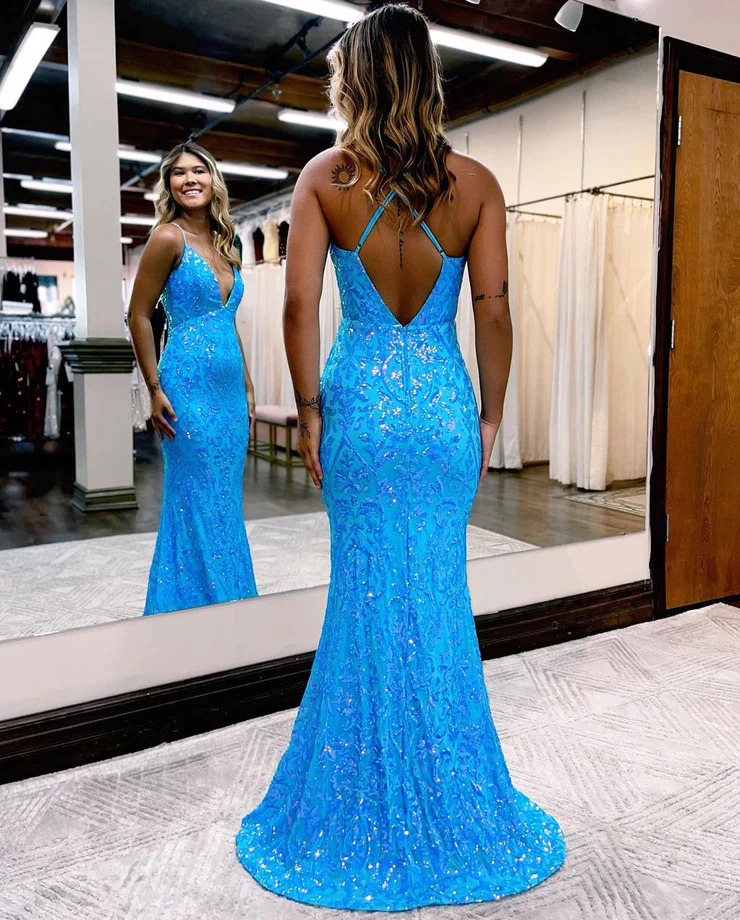 Charming Mermaid V Neck Blue Lace Sequins Long Prom Dresses Y1001