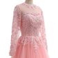 Lavender Tulle Long Sleeve Beaded Formal Prom Dress With Lace Applique Y890