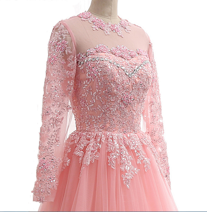 Lavender Tulle Long Sleeve Beaded Formal Prom Dress With Lace Applique Y890
