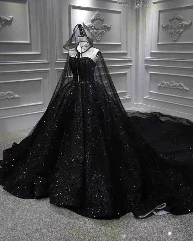 Sparkly Black Sequin Sleeved V-neck Plus Size Prom Dress - Lunss