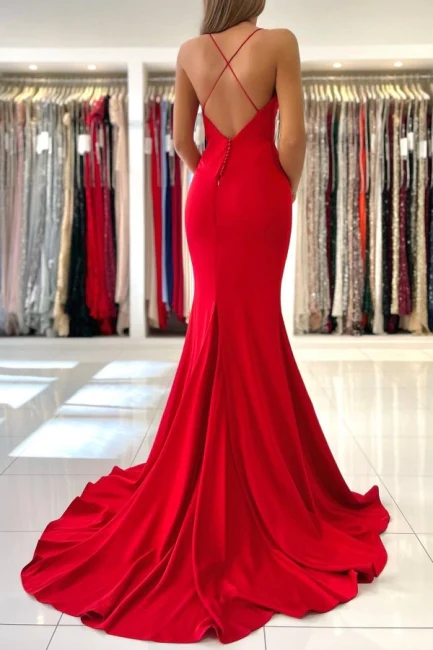 Exquisite Red Spaghetti Straps Sleeveless Mermaid Satin Prom Dresses Y150