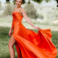 Cowl Neck Green Satin A-Line Formal Dress with Slit,Modest Prom Dress Y1884
