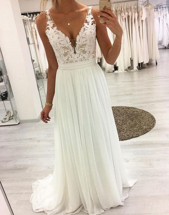 White v neck lace chiffon long prom dress, white lace evening dress S4622