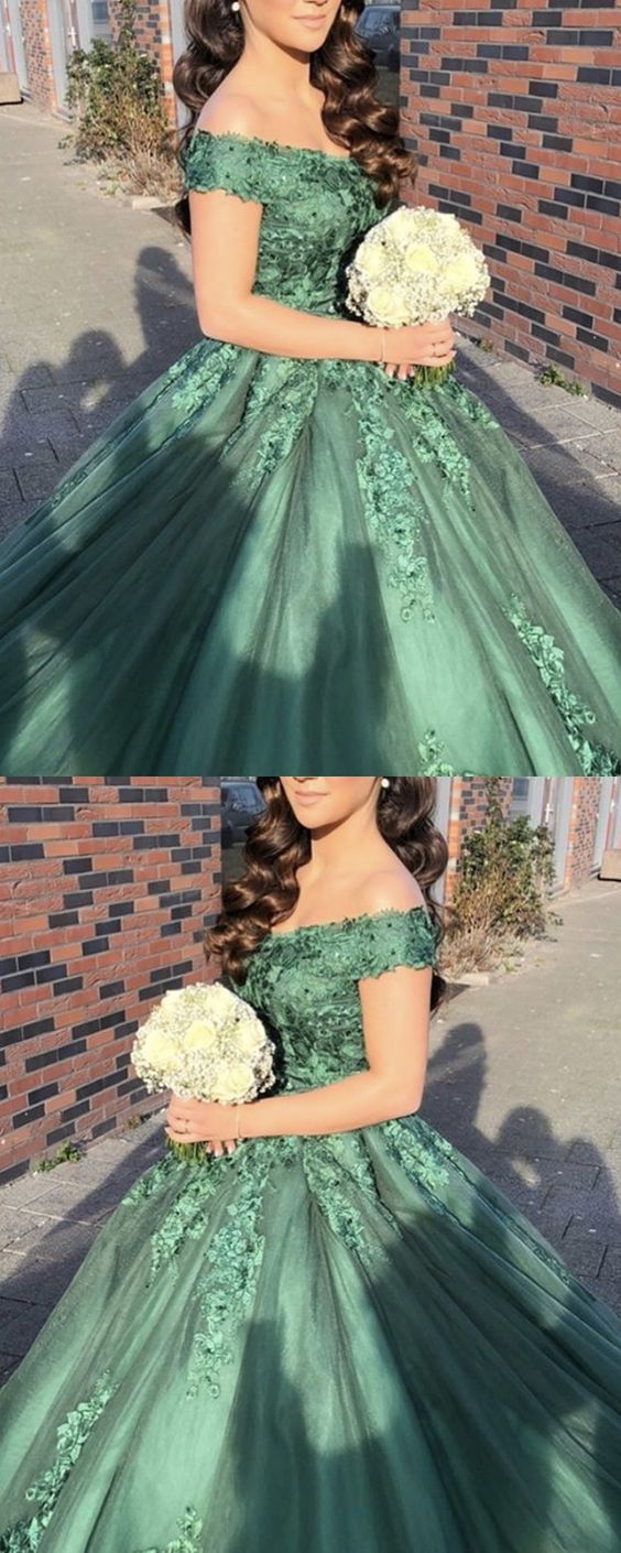 green ball gown prom dresses lace appliques off the shoulder S13881