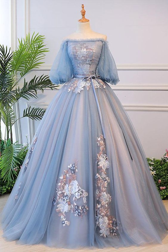 Unique blue tulle lace long prom dress, blue evening dress  S13770