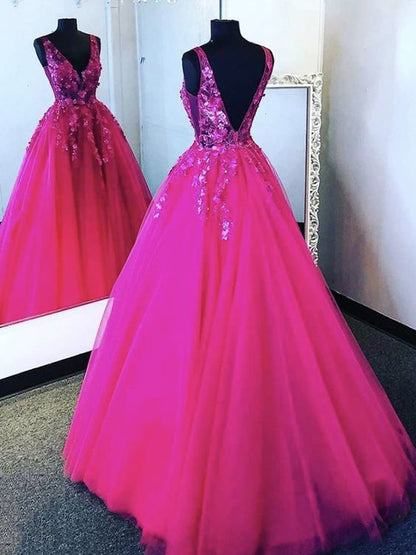 V Neck Hot Pink Tulle Lace Prom Dresses, Backless Hot Pink Floral Formal Evening Dresses S23094