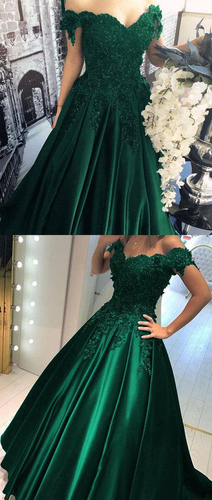 Satin Prom Dress Hunter Green Off Shoulders Ball Gown Prom Gown with Lace Appliques S17661