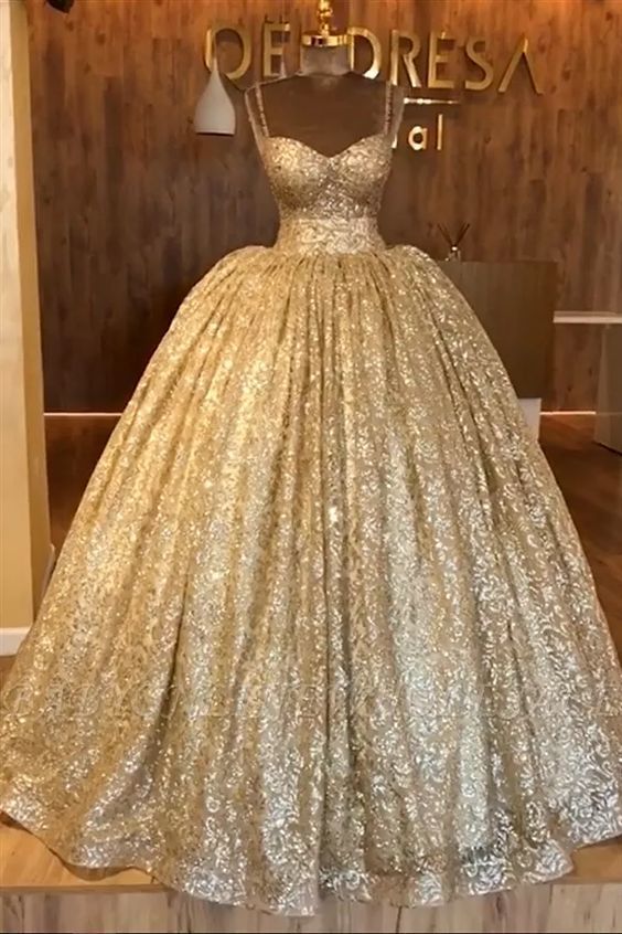Spaghetti Straps Gold Evening Dress | Luxury Ball Gown Princess Open Back Prom Dress S19116