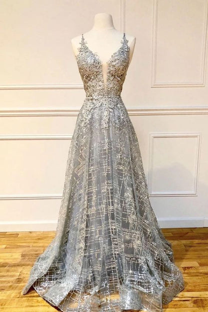 A-line V Neck Lace Prom Dress  S17404
