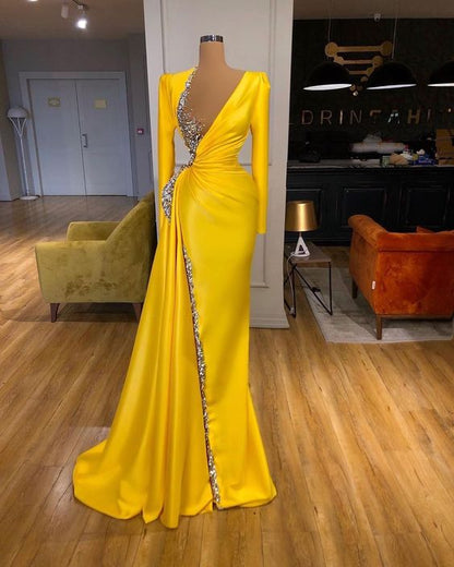 yellow evening dress, long sleeve evening dress, formal wear, beaded evening dress S23450