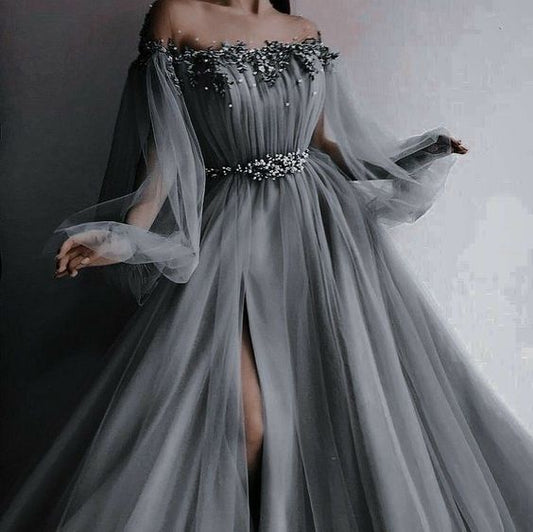 Gray Off The Shoulder Tulle Appliques Slit Prom Dress S23034