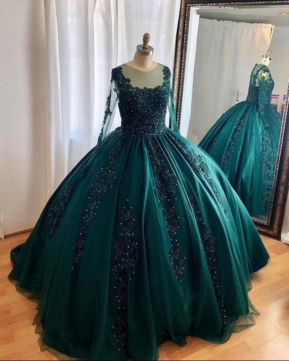 Hunter Green Ball Gown Prom Dresses Long sleeves  S15614