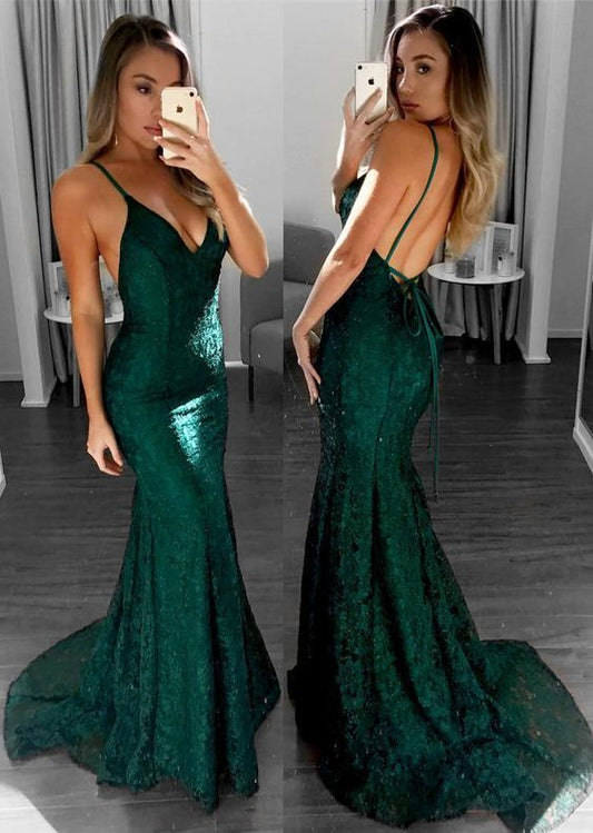 Mermaid Spaghetti Straps Backless Dark Green Lace Prom Dress S13579