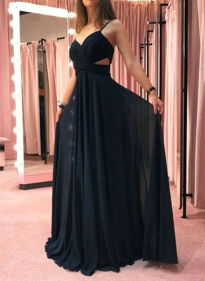 Black Spaghetti straps Chiffon Long Prom Dress, Simple Evening Dress  S6167