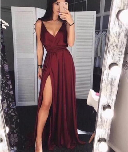 Simple Burgundy V-Neck Satin Prom Dress,Long Evening Dress With Split  S6547