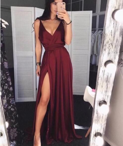 Simple Burgundy V-Neck Satin Prom Dress,Long Evening Dress With Split  S6547