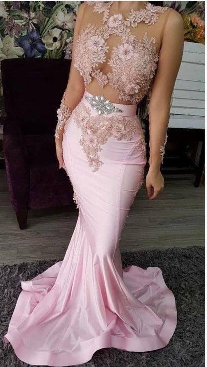 Pink Prom Dresses Long Mermaid Lace Applique Beaded 3D Flowers Elegant Evening Gown Formal Dresses  S6580