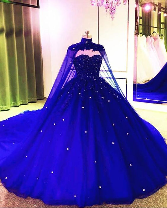 Royal Blue Tulle Ball Gown Prom Dress With Cape  S8255