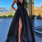 Different Colors A-line Satin Sleeveless Spaghetti Straps Slit Prom Dress  S7862