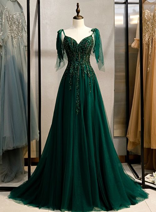 Emerald Green Spaghetti Straps Prom Dress Ball Gown V-Neck S11037