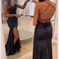 Sparkly Sheath Scoop Neck Straps Black Prom Dresses with Slit Y1635