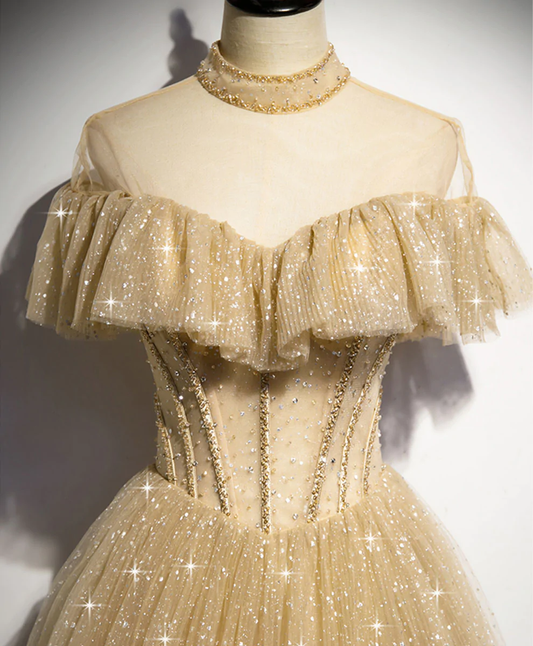 Champagne Long Prom Dress, A-line Champagne Graduation Dress with Beading Y1122
