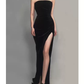 Elegant Strapless Black Velvet Prom Dress With Slit,Gala Dress Y1412